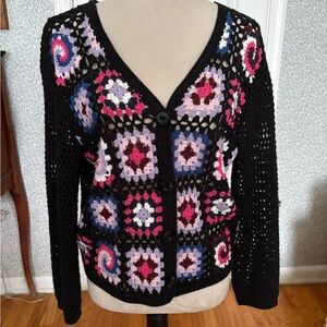 NWOT Cotton Emporium Black Multicolor Crochet Cardigan